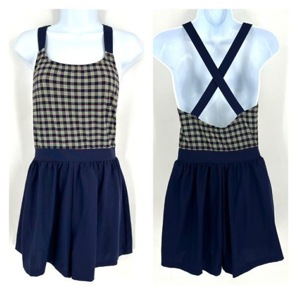 Vintage 80s Jantzen Women's Criss-Cross Back Swimshorts One‎ Piece Blue Size 10